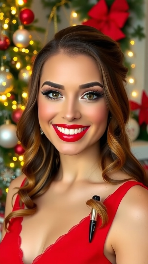 Festive Christmas Makeup for a Red Dress Glamorous Christmas makeup with red lips and gold eyeshadow, paired with a red dress.